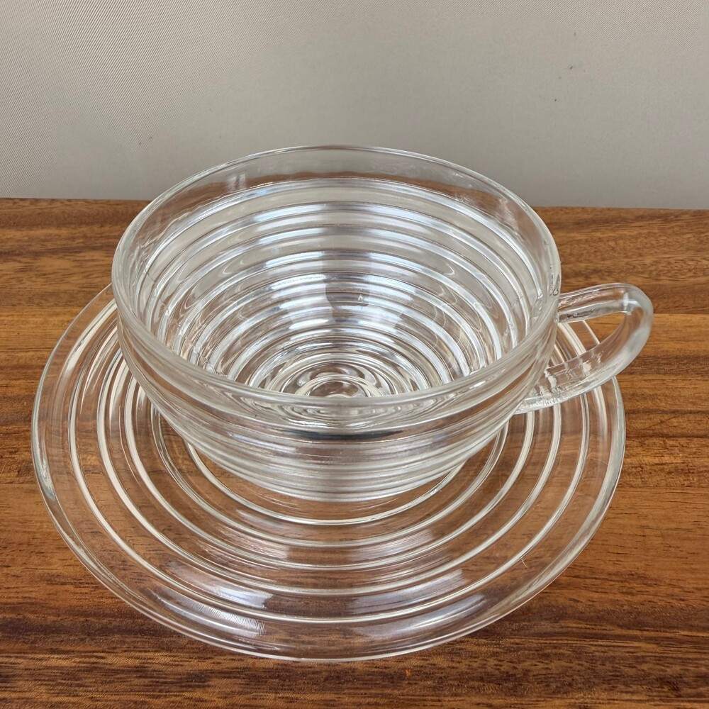 Vintage Anchor Hocking Manhattan Clear Glass Cup and Saucer Set